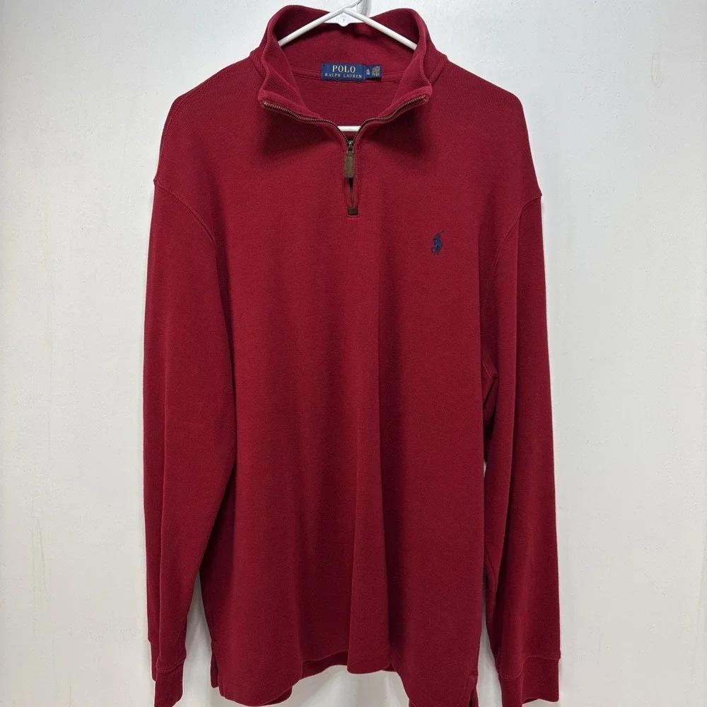 Polo Ralph Lauren Mens XL Red 100% Cotton 1/4‎ Zip Pullover Sweater Blue Pony